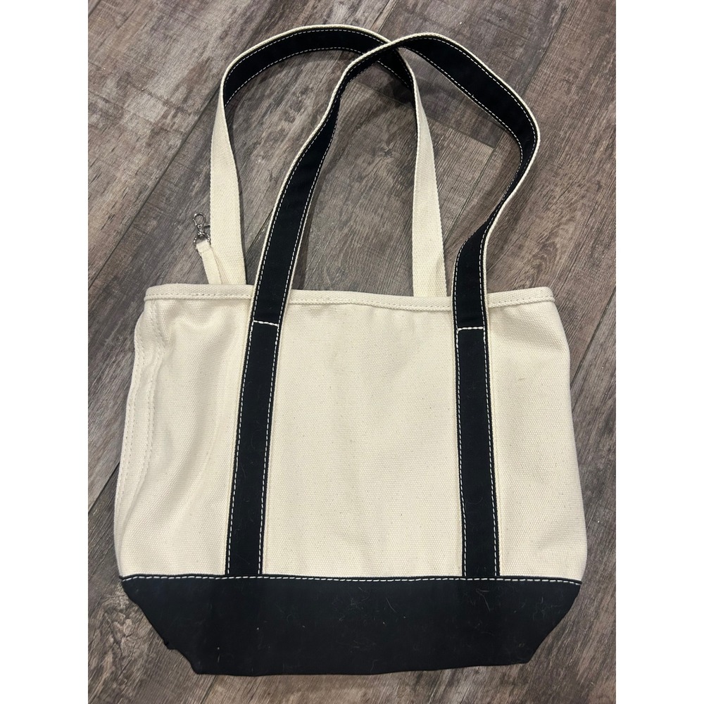 Lands End Canvas Tote Bag Black Bottom Cream Top Handles Logo - Picture 2 of 6